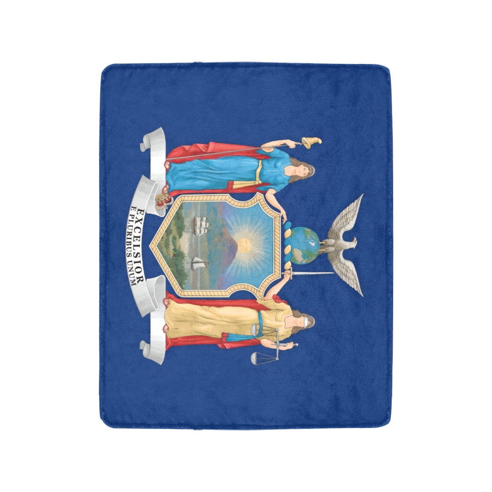 [Luv My Flag] blue throw featuring detailed New York emblem.