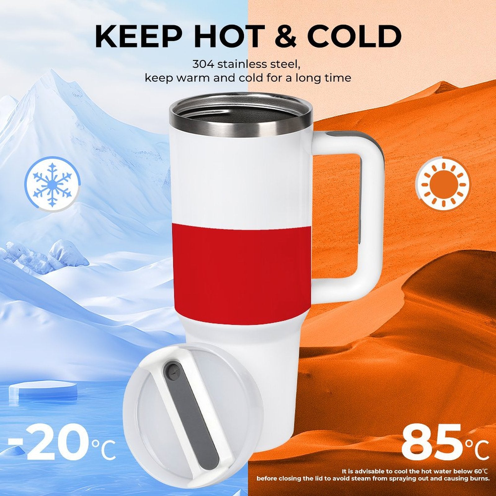 White and red [Brand] mug keeps beverages hot or cold.
