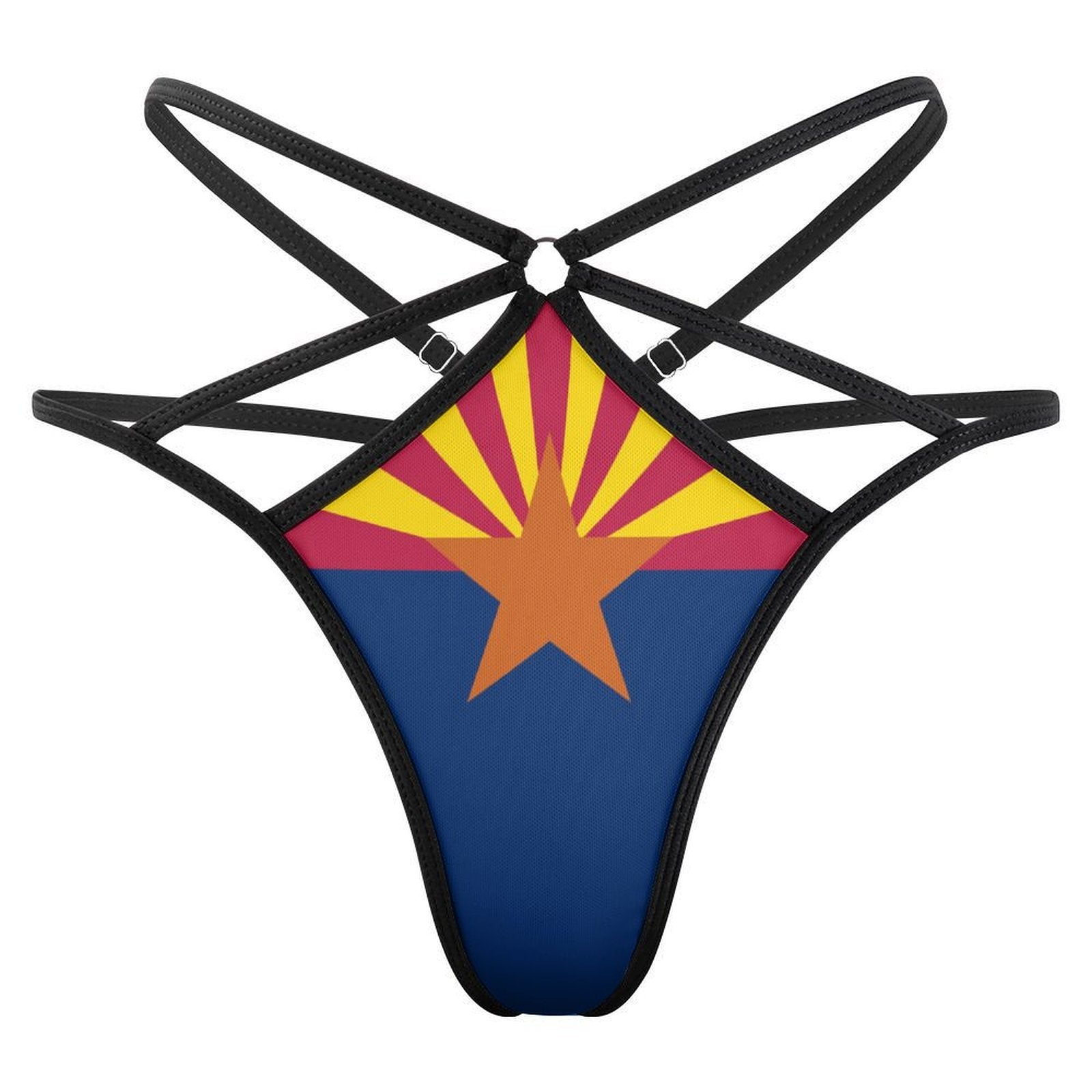 Black strappy bikini bottom featuring Arizona flag pattern, [Brand].