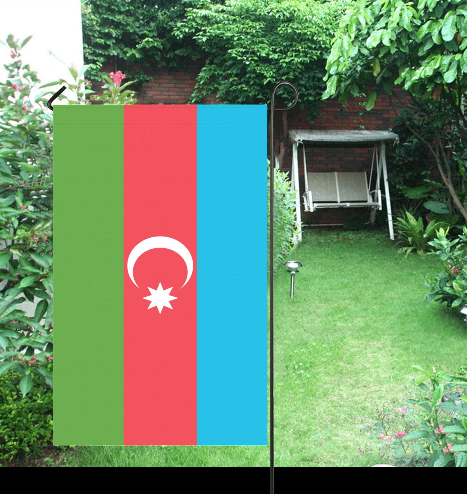 [Luv My Flag] Azerbaijan flag displayed in a lush garden.