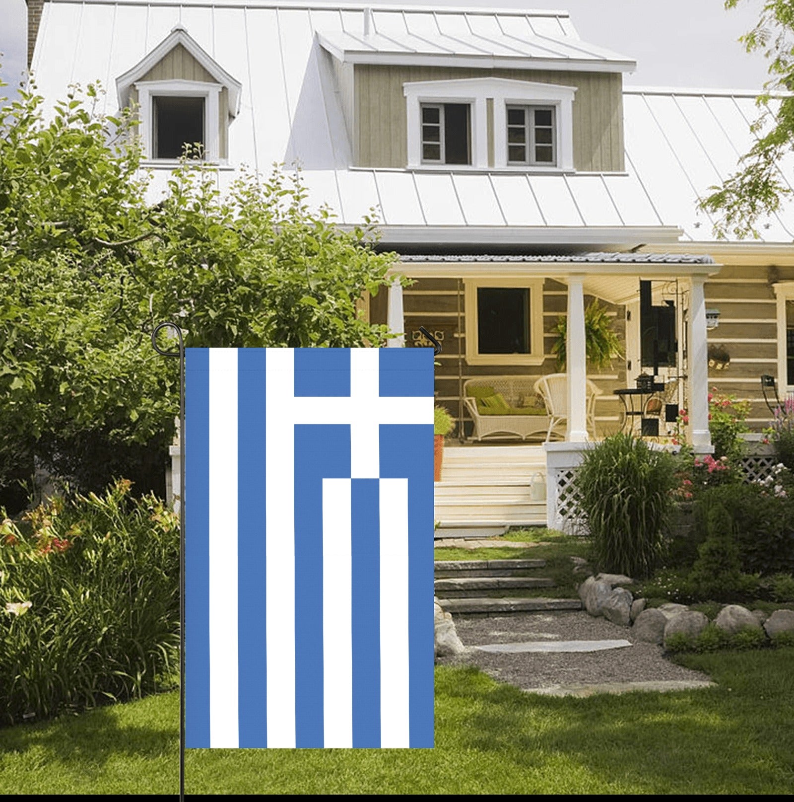 Front yard with Greek flag by Luv My Flag.