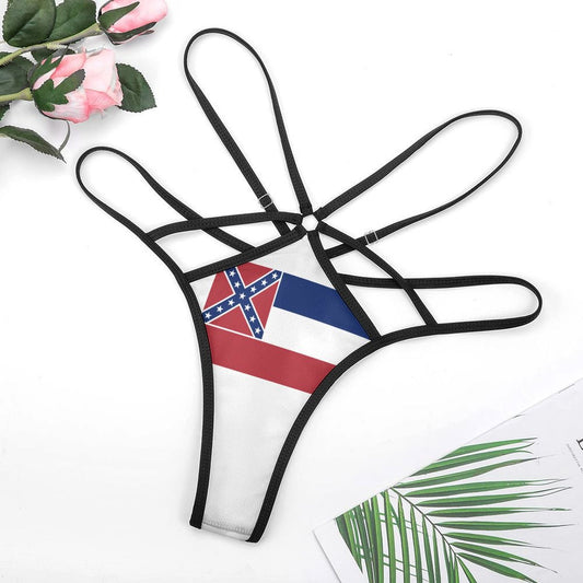 [Brand] strappy thong with Confederate flag design, floral accents.