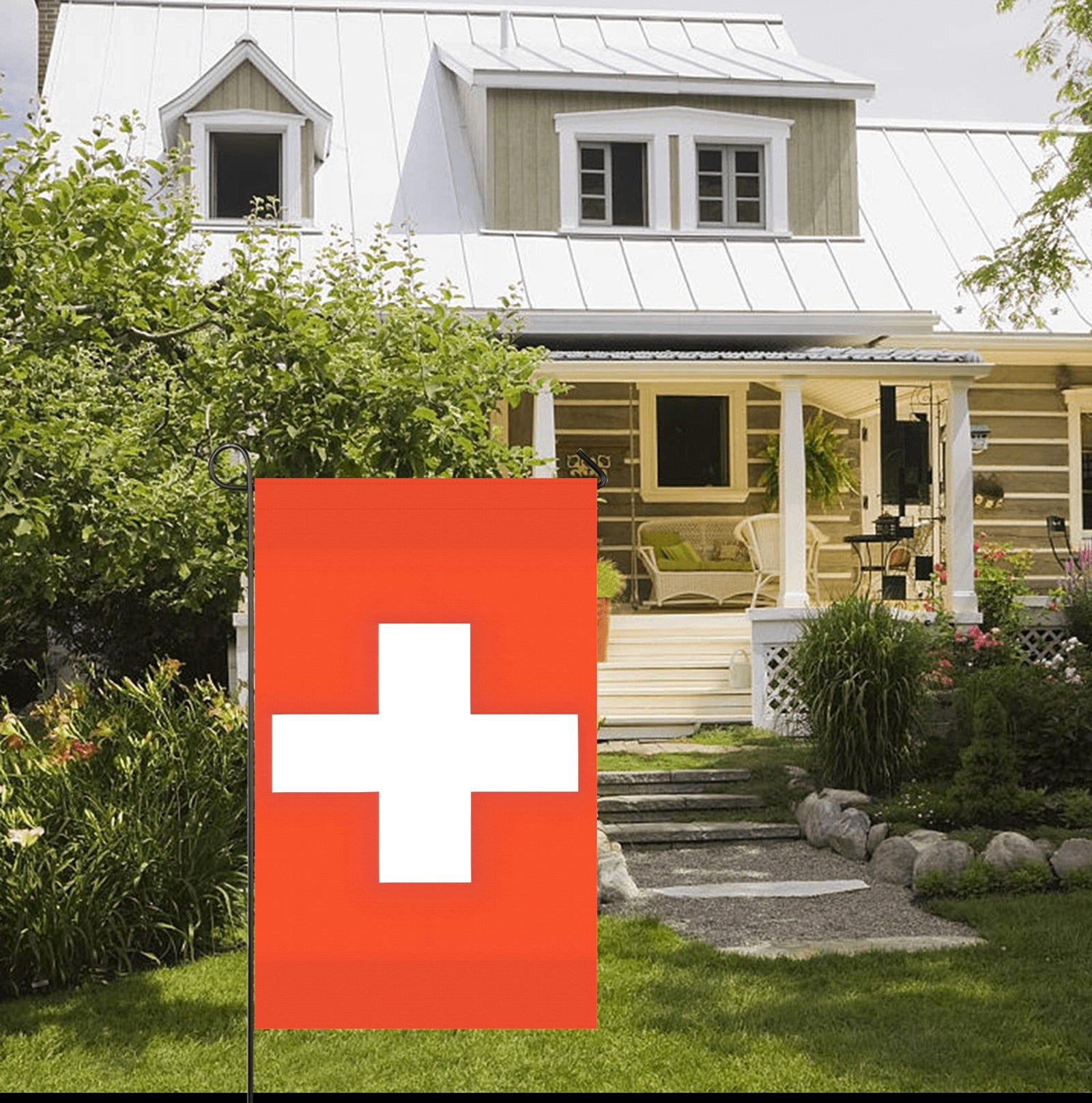 Swiss flag garden decor by Luv My Flag displayed outdoors.