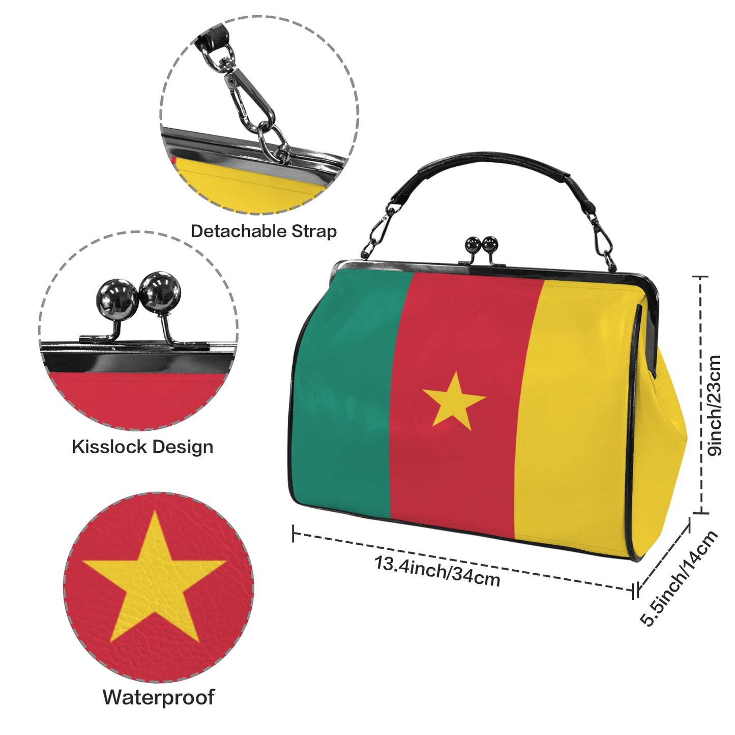 Cameroon Flag Inspired Kisslock Crossbody Shoulder Bag-Large
