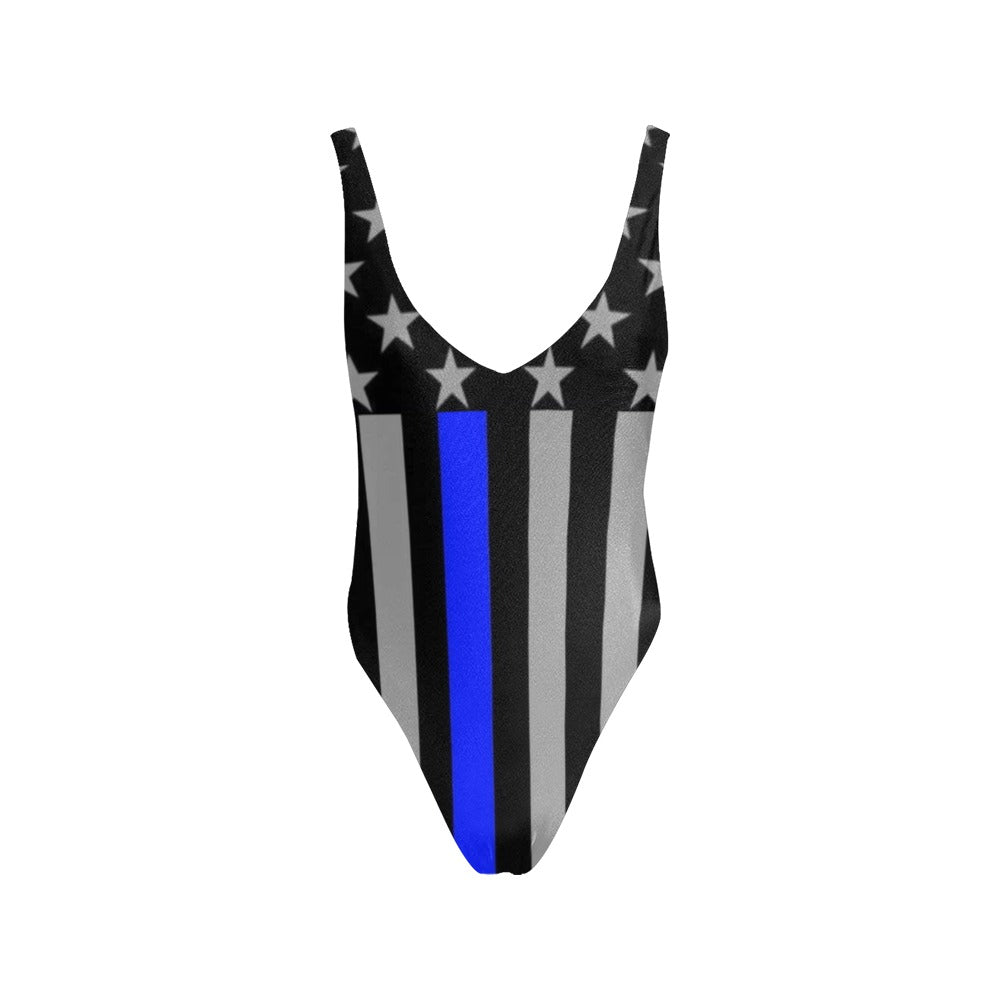 Thin Blue Line Flag Inspired Women’s Backless One-Piece Swimsuit