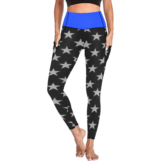 Thin Blue Line Flag Inspired Women's High Waist Leggings with Pockets