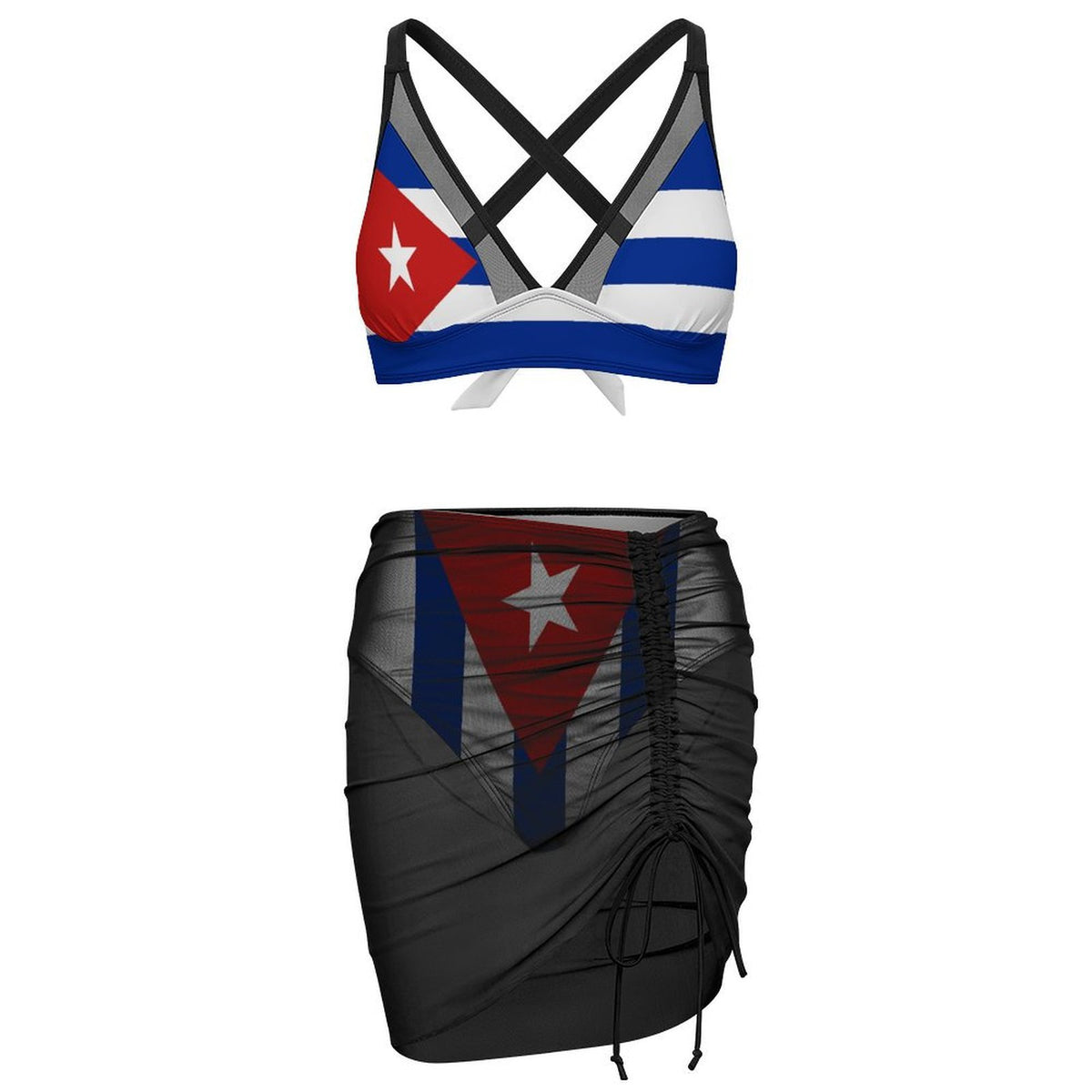 Cuba Flag Inspired Women's Mesh Drawstring Skirt and Swimsuit Set