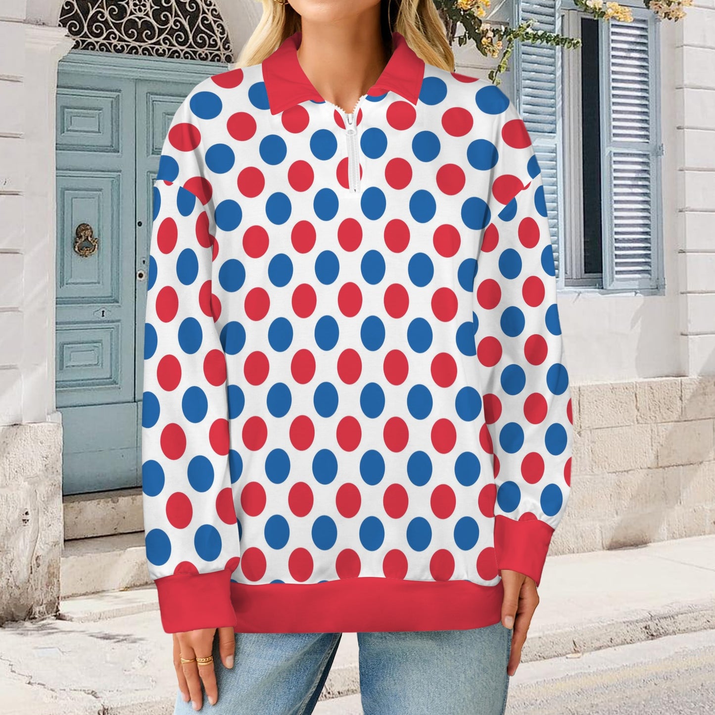 USA/American Flag Polka Dot Pattern Women's Quarter Zip Pullover Sweatshirt