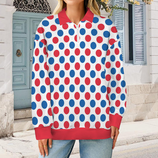 USA/American Flag Polka Dot Pattern Women's Quarter Zip Pullover Sweatshirt