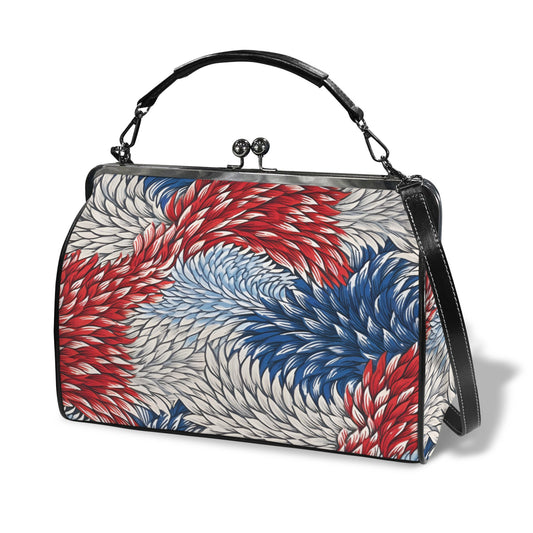 USA/American Flag Red White & Blue Floral Pattern Kisslock Crossbody Shoulder Bag-Large