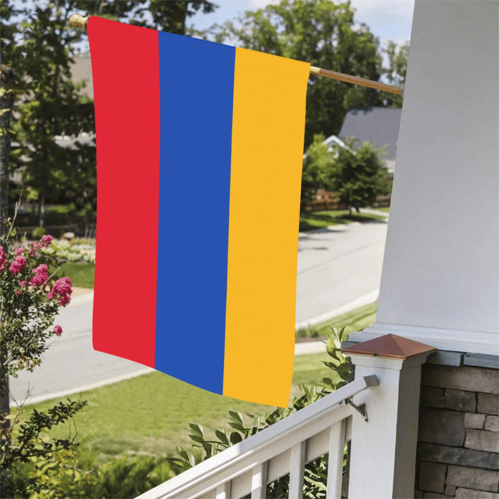 Luv My Flag: Red, blue, yellow striped flag outdoors.