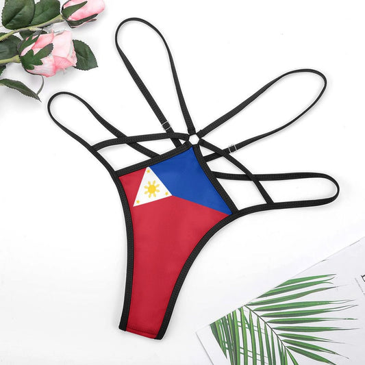 [Brand] strappy bikini bottoms with Philippines flag design and flowers.