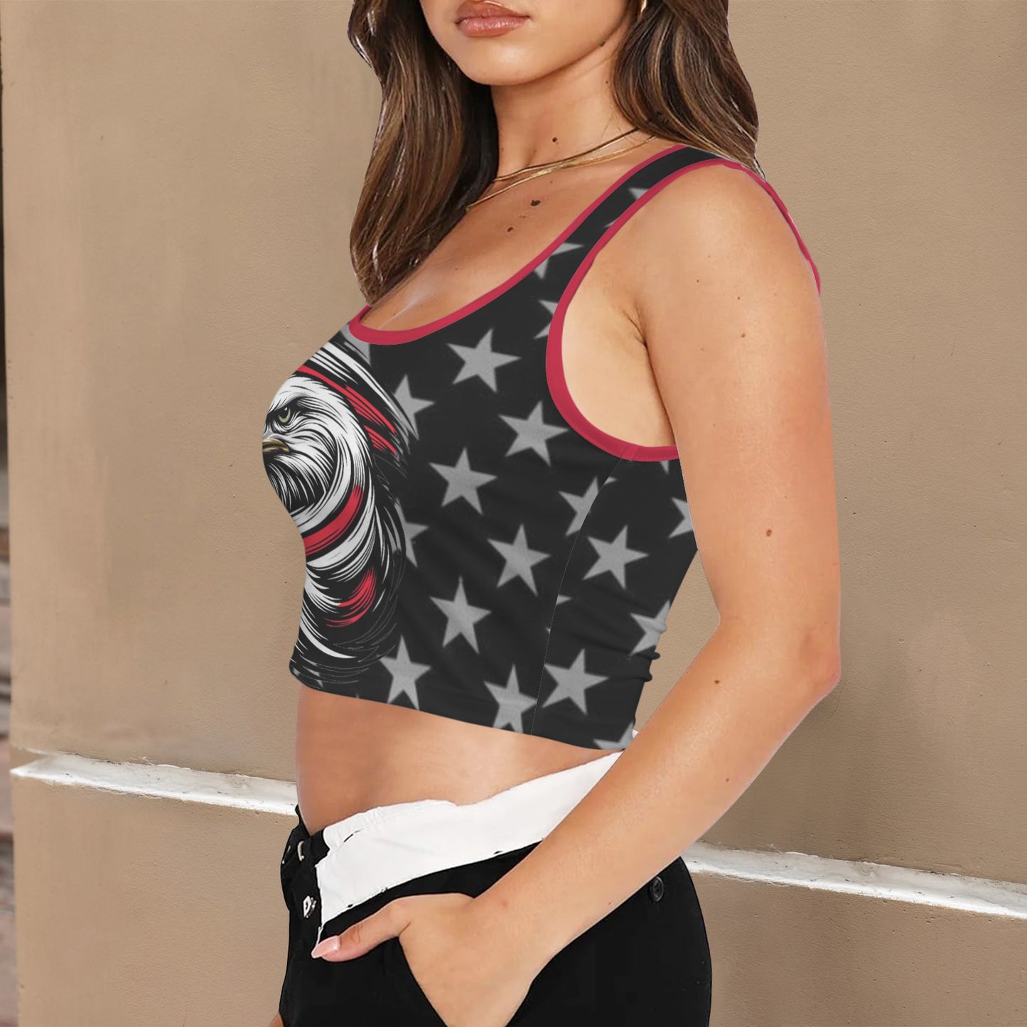 Thin Red Line Flag Inspired Eagle Square Neck Crop Tank Tops