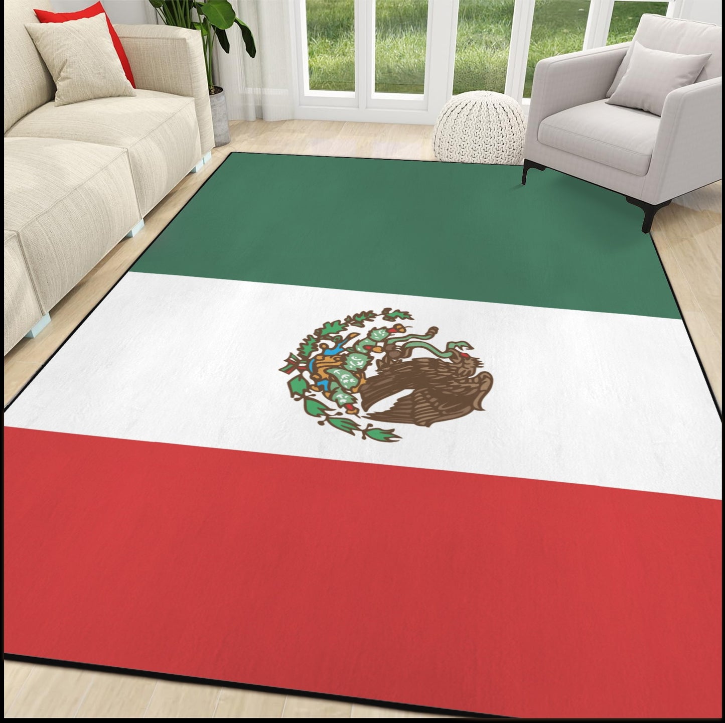 Mexico Flag Inspired 84x60 Inch Area Rug with Black Binding | Ships from USA