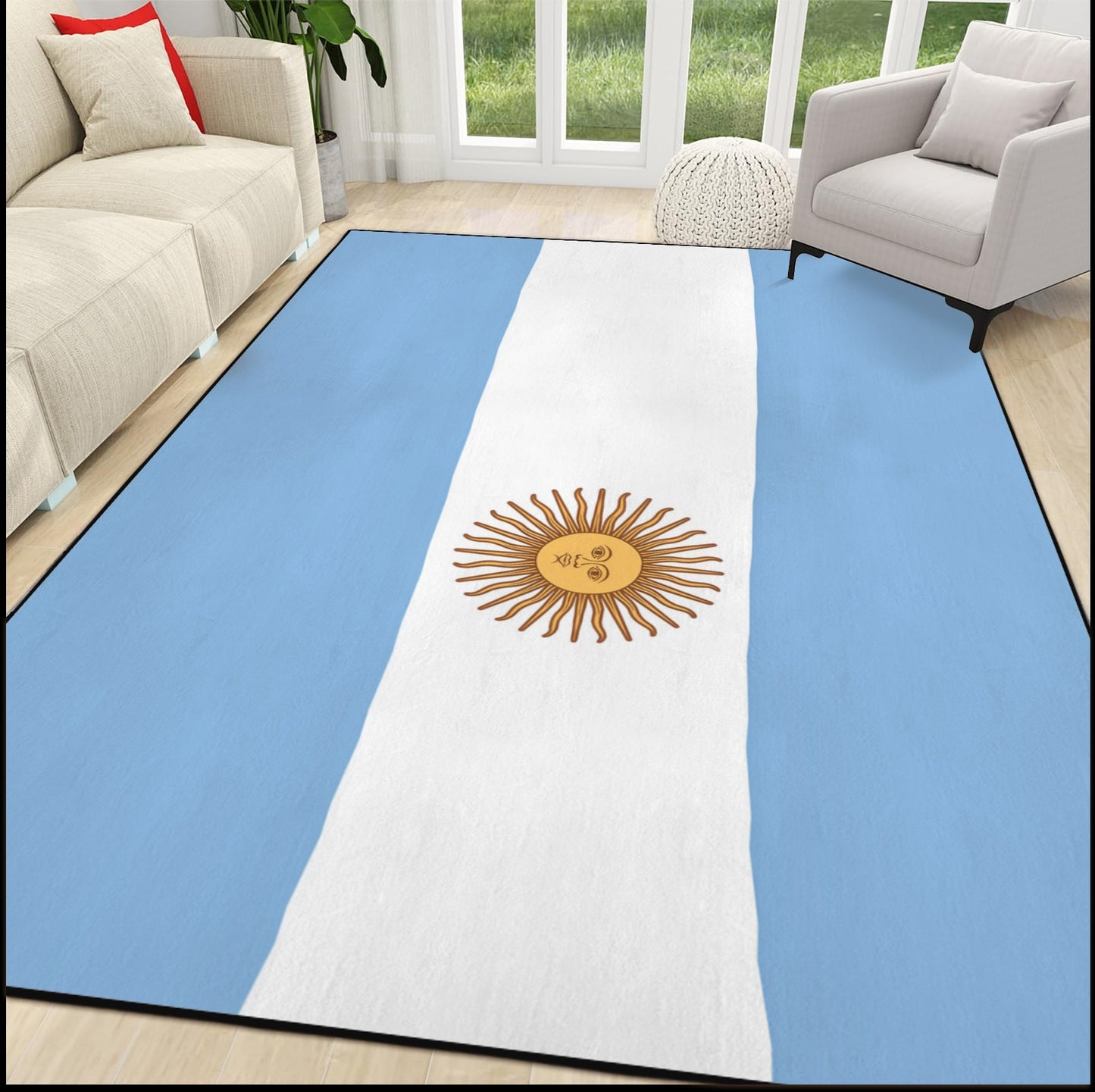 Argentina Flag Inspired 84x60 Inch Area Rug with Black Binding (Made in the USA)