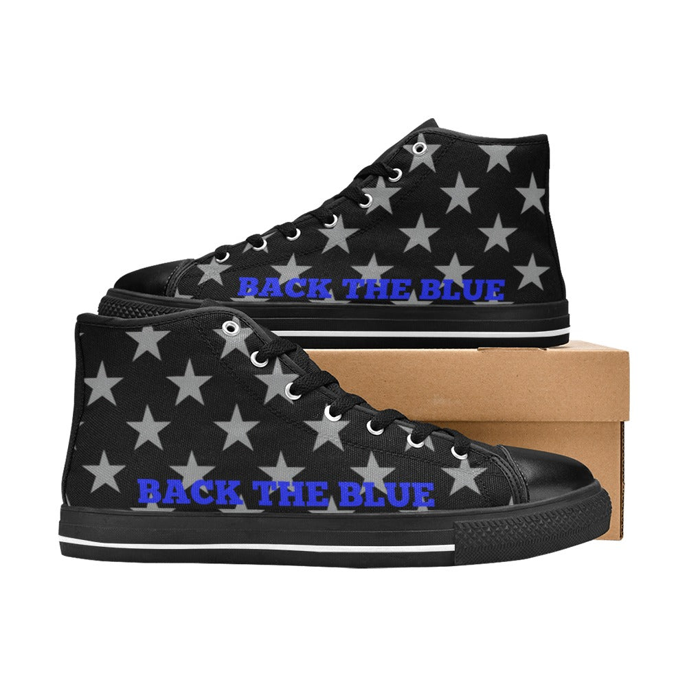Thin Blue Line Flag Inspired Eagle "BACK THE BLUE" Kid's High Top Canvas Shoes
