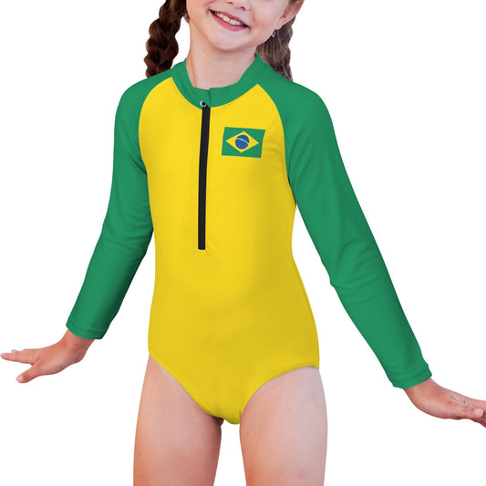 Brazil Flag Little Girls' Long Sleeve One-Piece Swimsuit