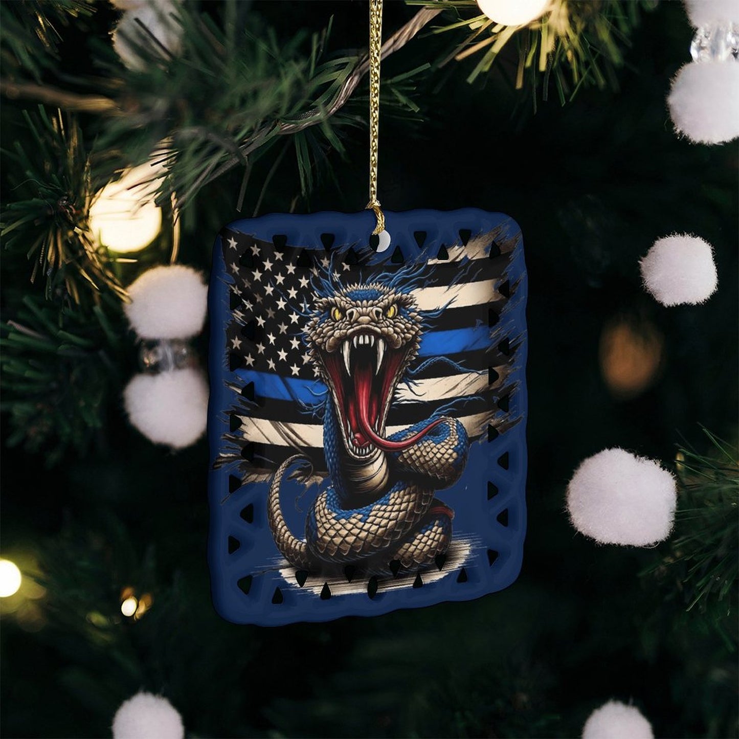 Thin Blue Line Flag Inspired Snake Square Ceramic Ornament Made in the USA
