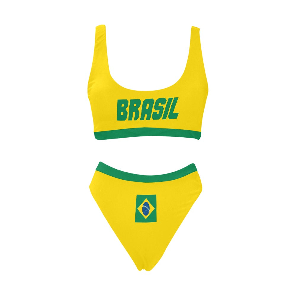 Brazil Flag Inspired Sport Top & High-Waisted Bikini Swimsuit