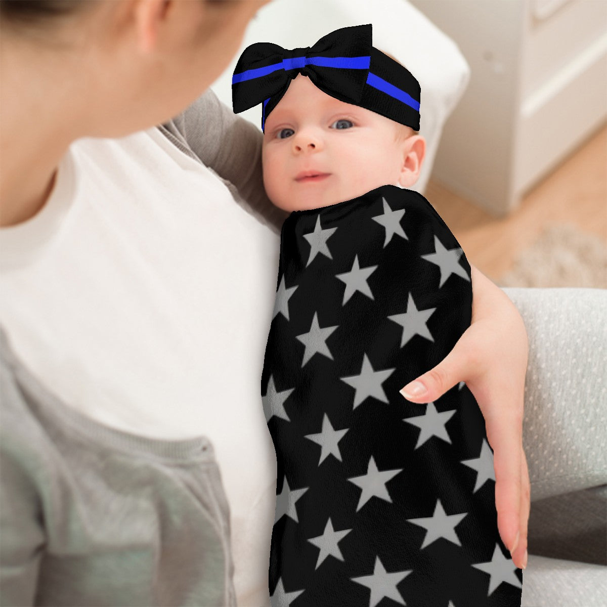 Thin Blue Line Flag Inspired Baby Swaddle Sack with Baby Headband