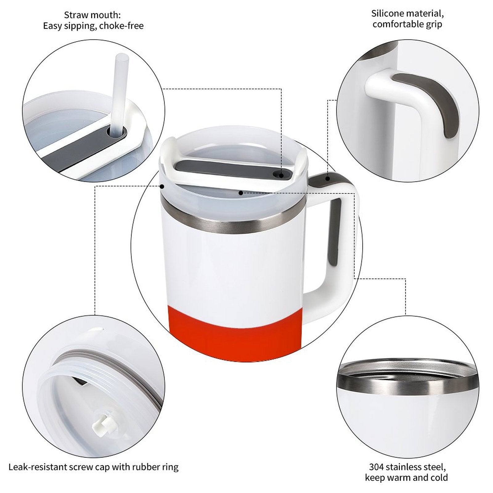[Brand] insulated mug with straw, silicone grip, stainless steel.
