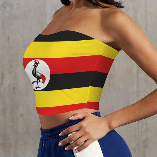 [Brand] tube top with Ugandan flag design, athletic shorts.