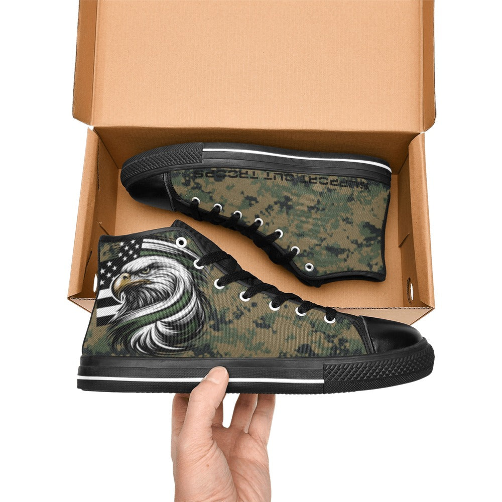 Thin Green Line Flag Inspired Eagle on Digital Camo Kid's High Top Canvas Shoes