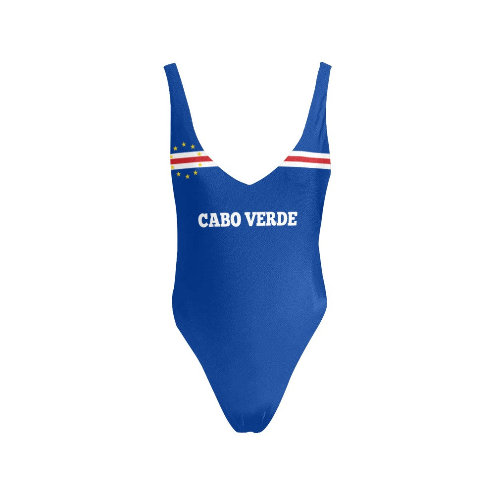 Cape Verde Flag Inspired Women’s V-Neck Backless One-Piece Swimsuit