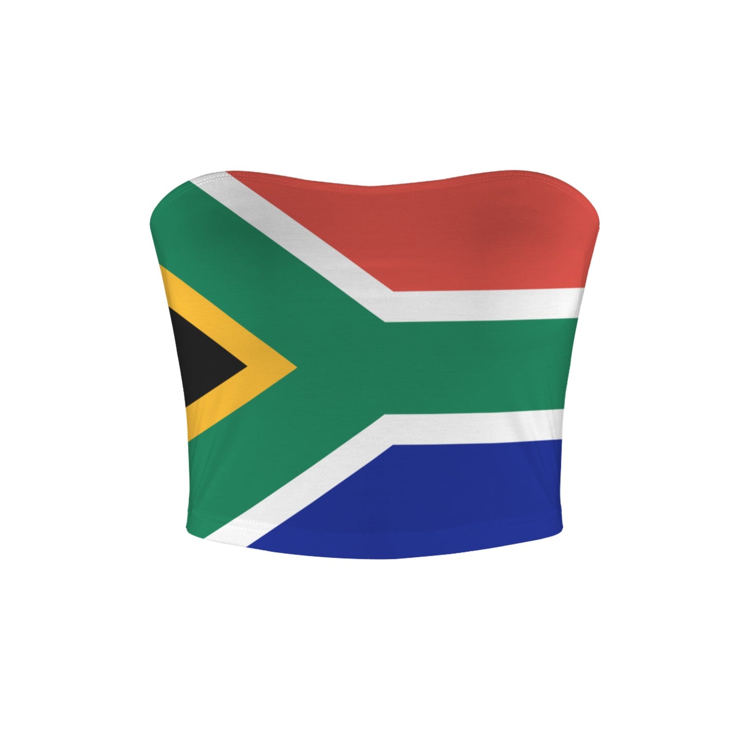 [Brand] strapless top featuring South African flag design, colorful.