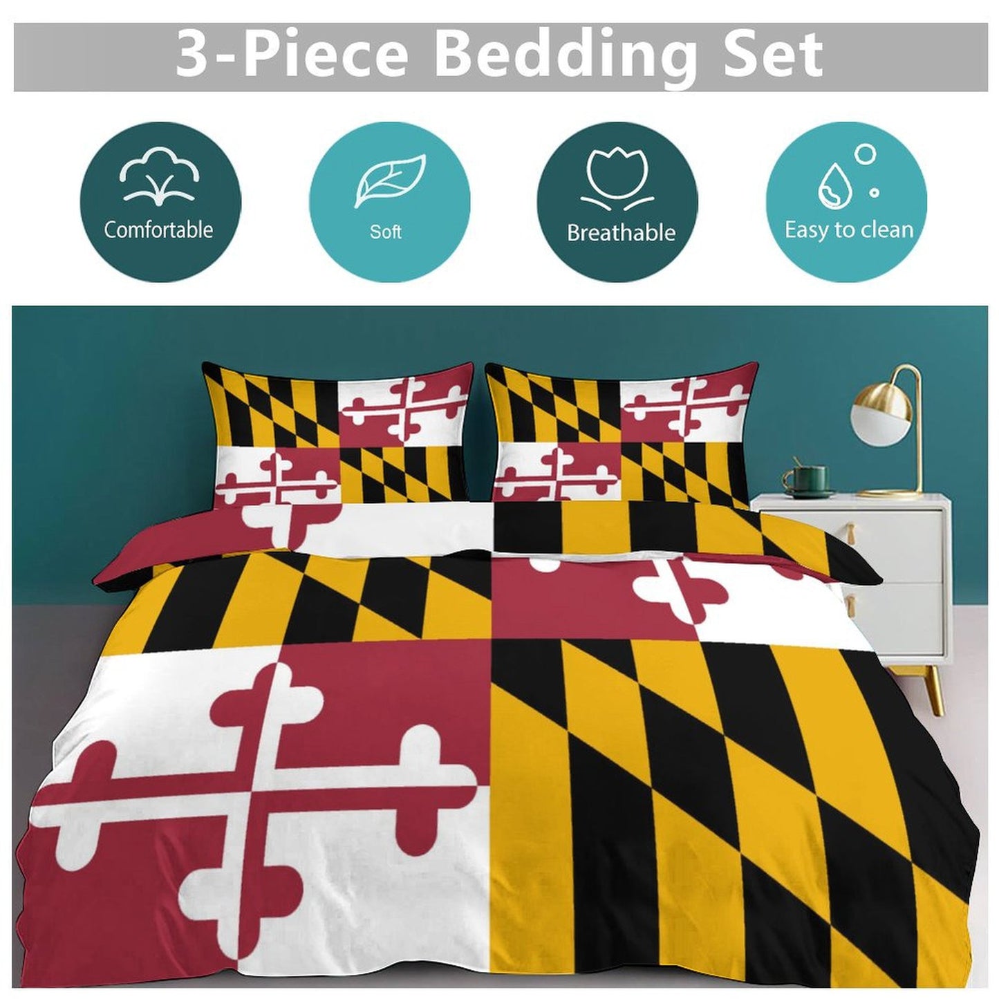 Maryland Flag Inspired 3-Piece Bedding Set (1 Duvet Cover + 2 Pillow Shams) – 102"×90"