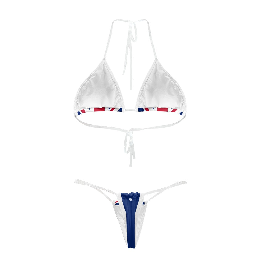 [Brand] bikini with Union Jack design and white top.