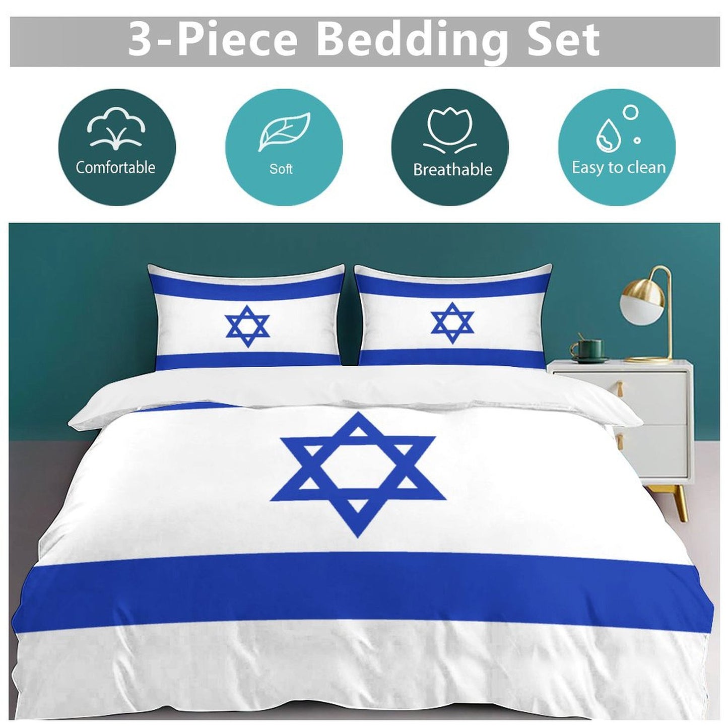 Israel Flag Inspired 3-Piece Bedding Set (1 Duvet Cover + 2 Pillow Shams) – 102"×90"