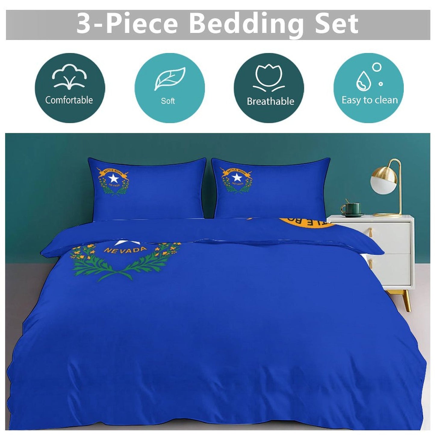 Nevada Flag Inspired 3-Piece Bedding Set (1 Duvet Cover + 2 Pillow Shams) – 102"×90"