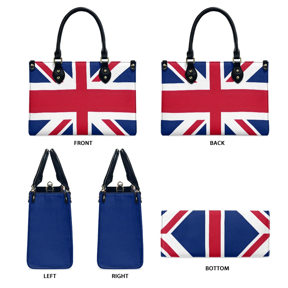 [Brand] handbag with Union Jack design, different view angles.