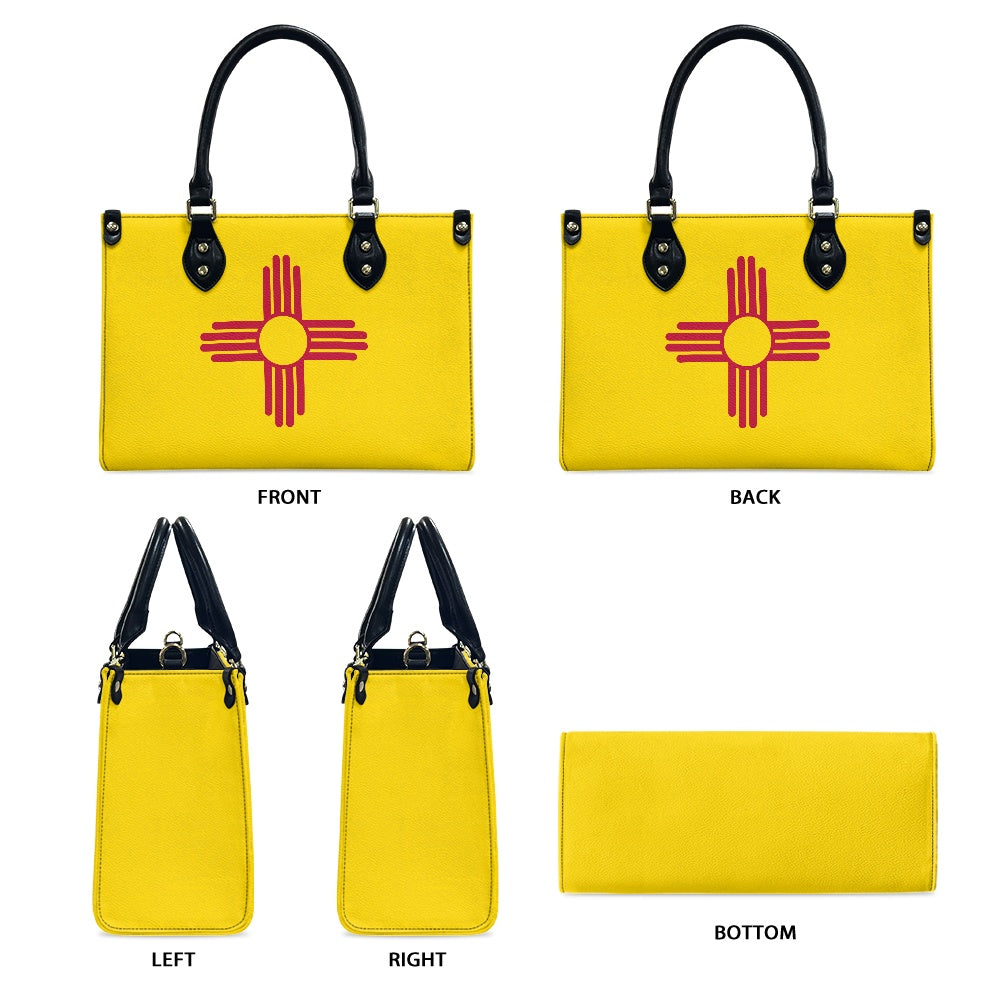 Yellow [Brand] handbag featuring red geometric symbol, multiple views.