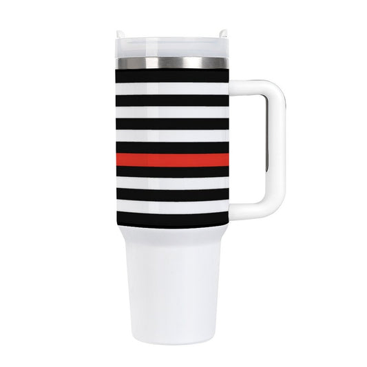 [Brand] travel mug with black, white, red striped design.