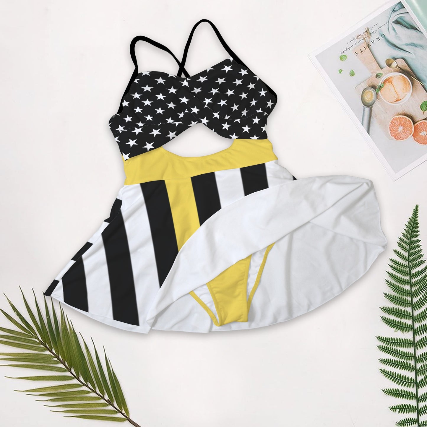Thin Gold Line Flag Inspired Women's One-Piece Swimsuit with Cutout Crisscross Back