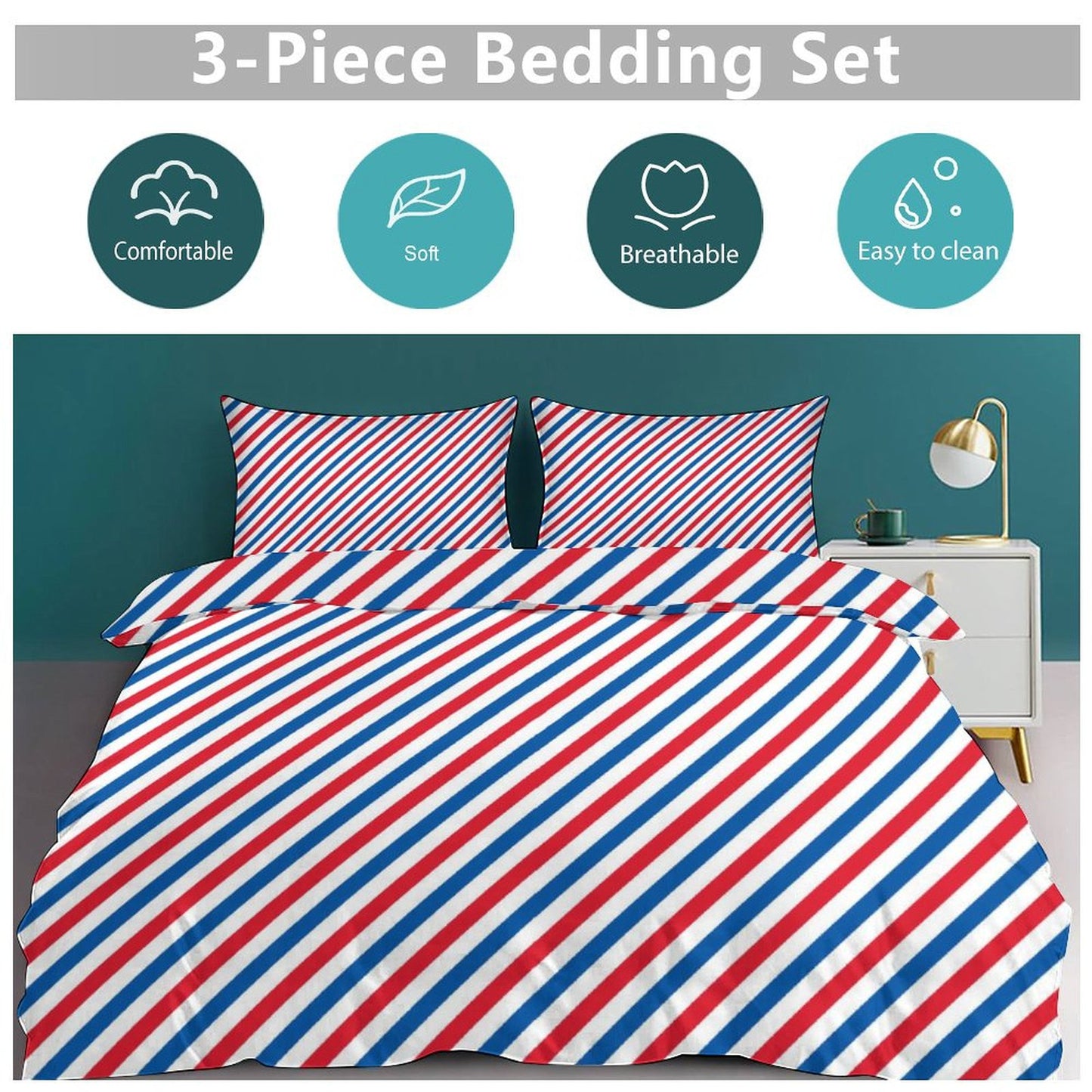 USA/American Flag Inspired Stripes Pattern 3-Piece Bedding Set (1 Duvet Cover + 2 Pillow Shams) – 102"×90"