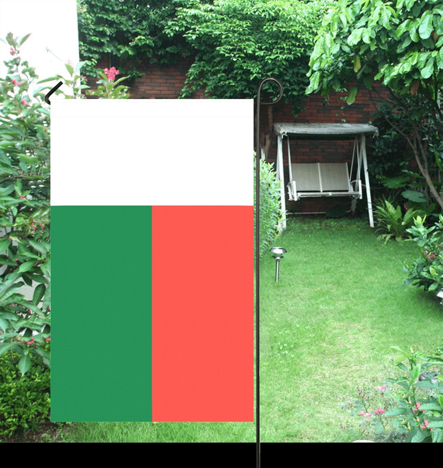 Luv My Flag garden flag, featuring Madagascar's national colors.
