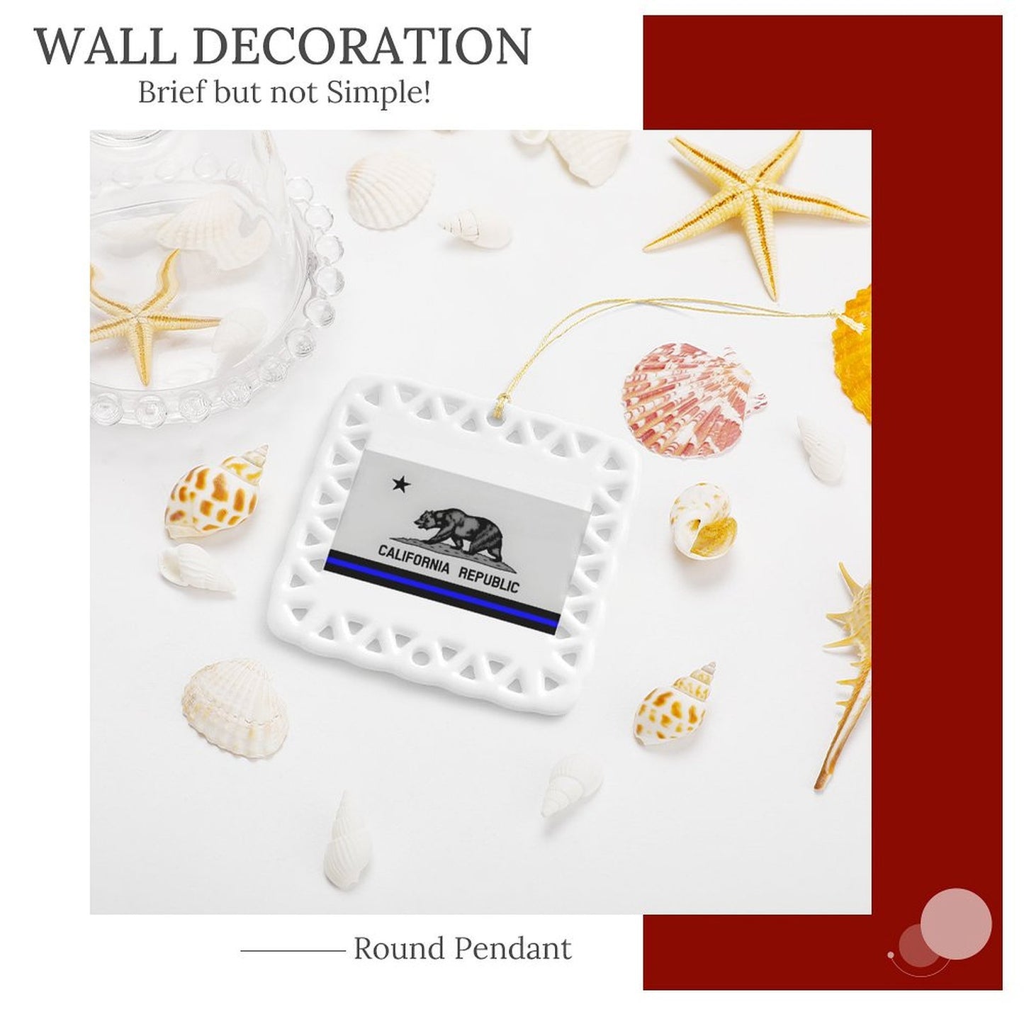 Thin Blue Line California Flag Inspired Square Ceramic Ornament (Made in the USA)