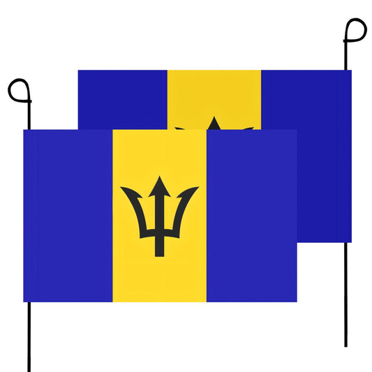 [Luv My Flag] Barbados flags with trident on display.