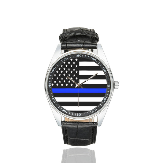 Thin Blue Line Flag Men's Casual  Leather Strap Watch