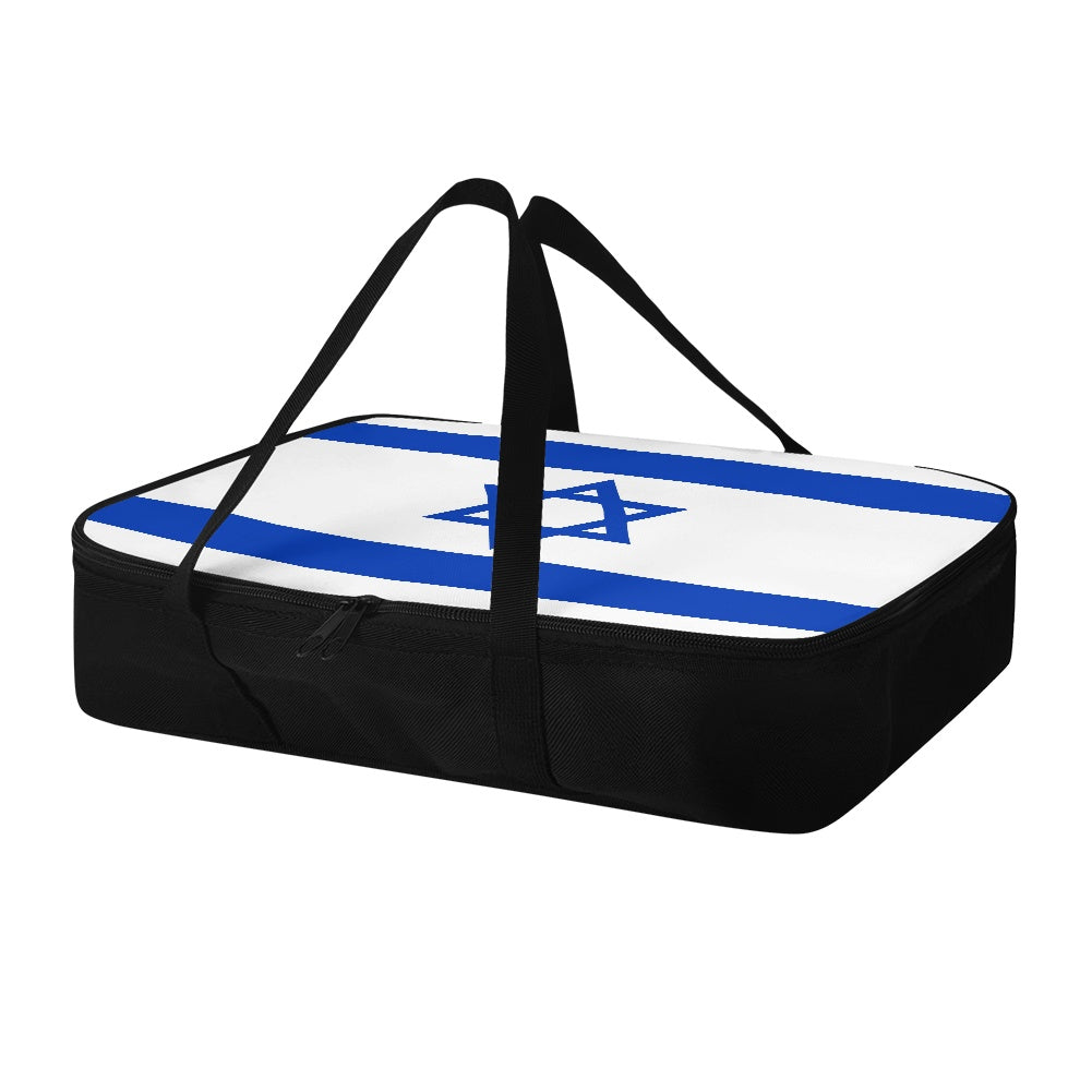 [Brand] bag featuring Israeli flag with black handles and zipper.