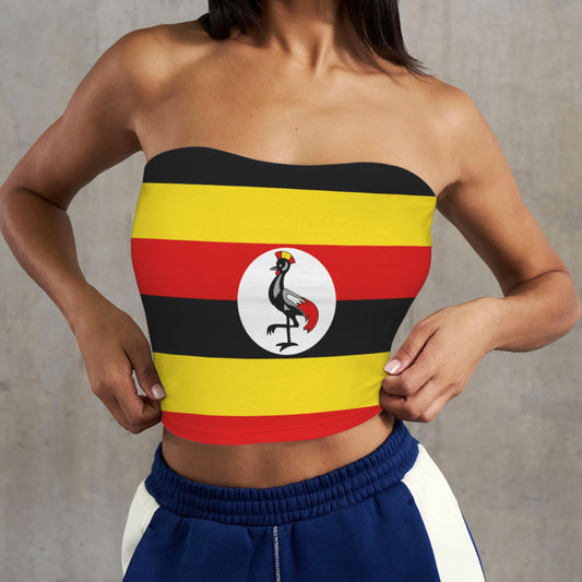 Woman wearing Uganda flag tube top, blue [Brand] shorts.