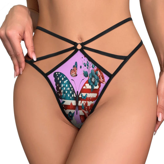 [Brand] butterfly-themed lingerie with floral patterns and strap details.