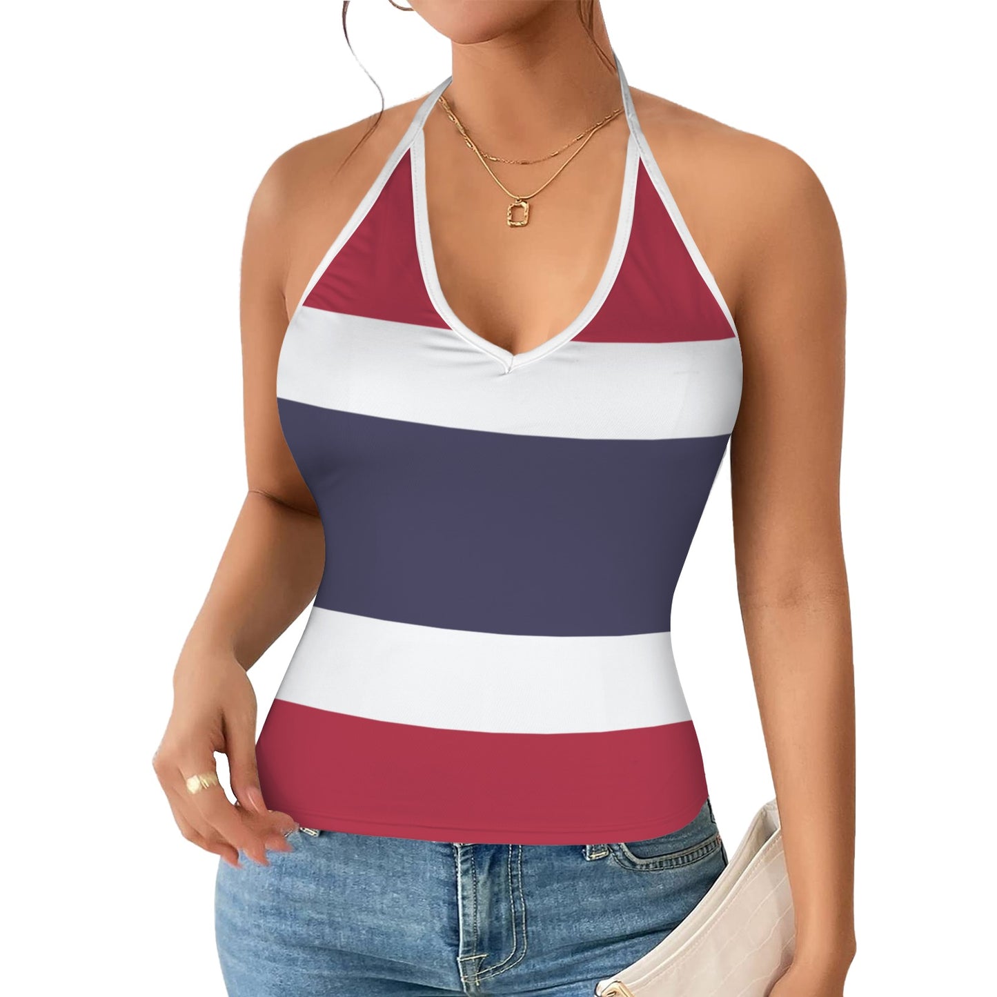 Thailand Flag Inspired V-neck Halter Open Back Tank Top