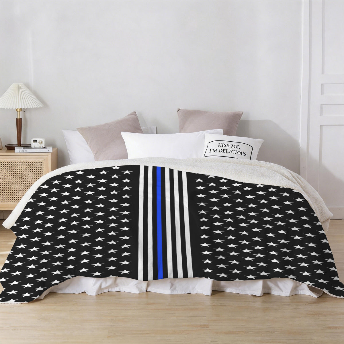 Thin Blue Line Stripes Style-2 Sherpa Fleece Blanket 90" x 108" | Prtinted in the USA