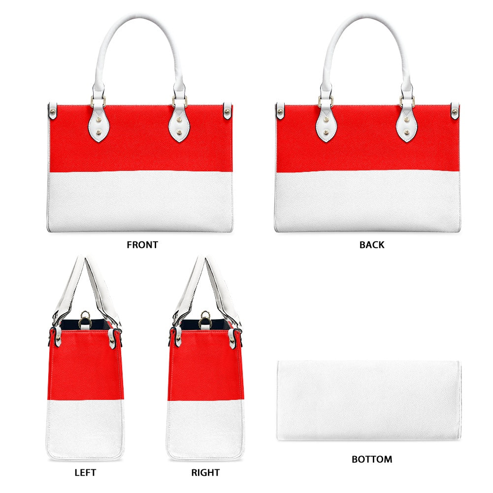 [Brand] handbag with red, white design, shown from multiple angles.