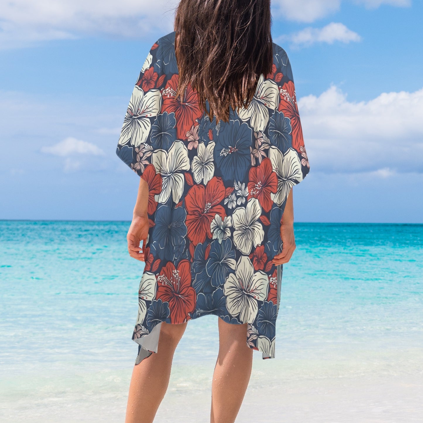 USA/American Flag Inspired Hawaiian Floral Pattern Women's Long Cover Up
