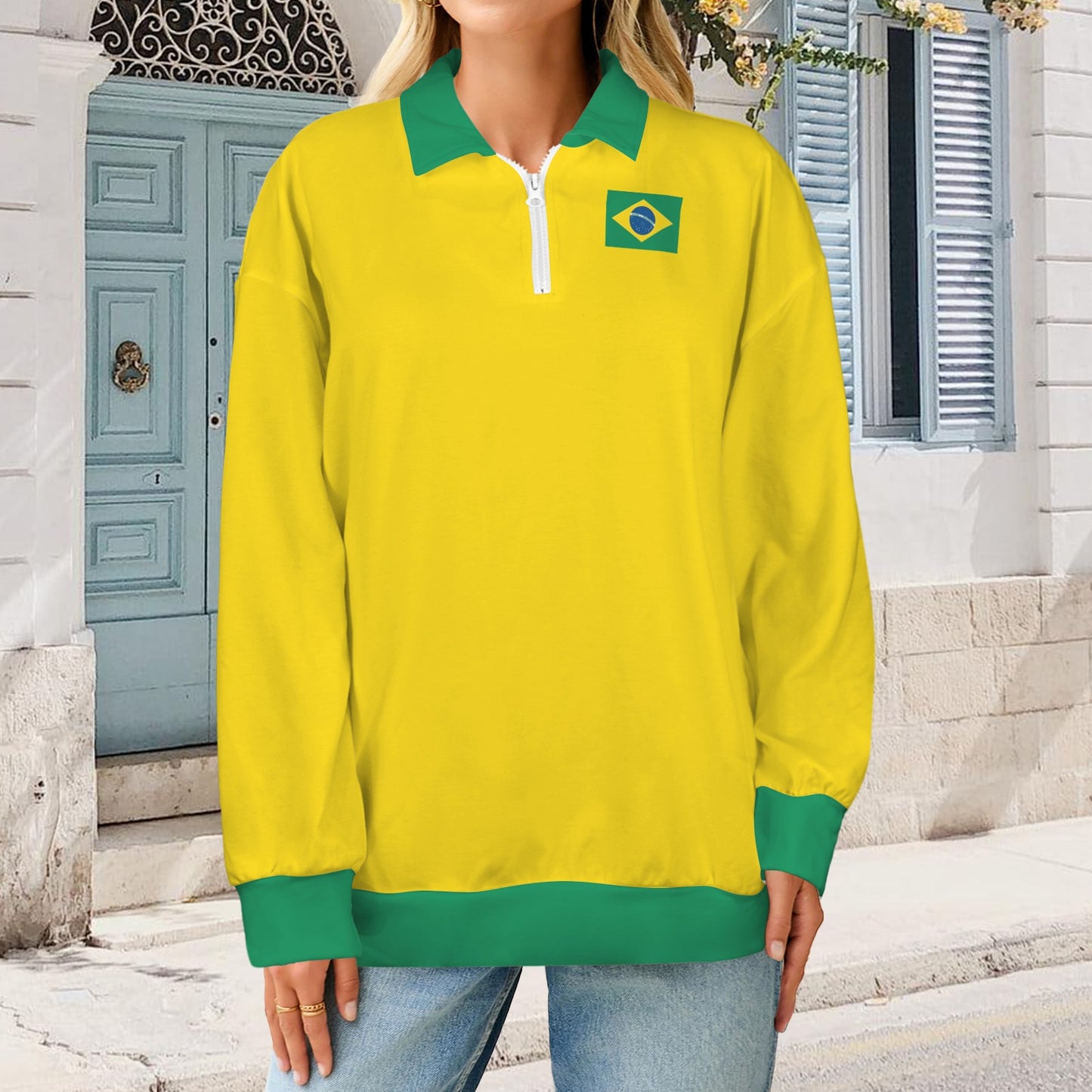 Brazil Flag Women's Quarter Zip Pullover Sweatshirt